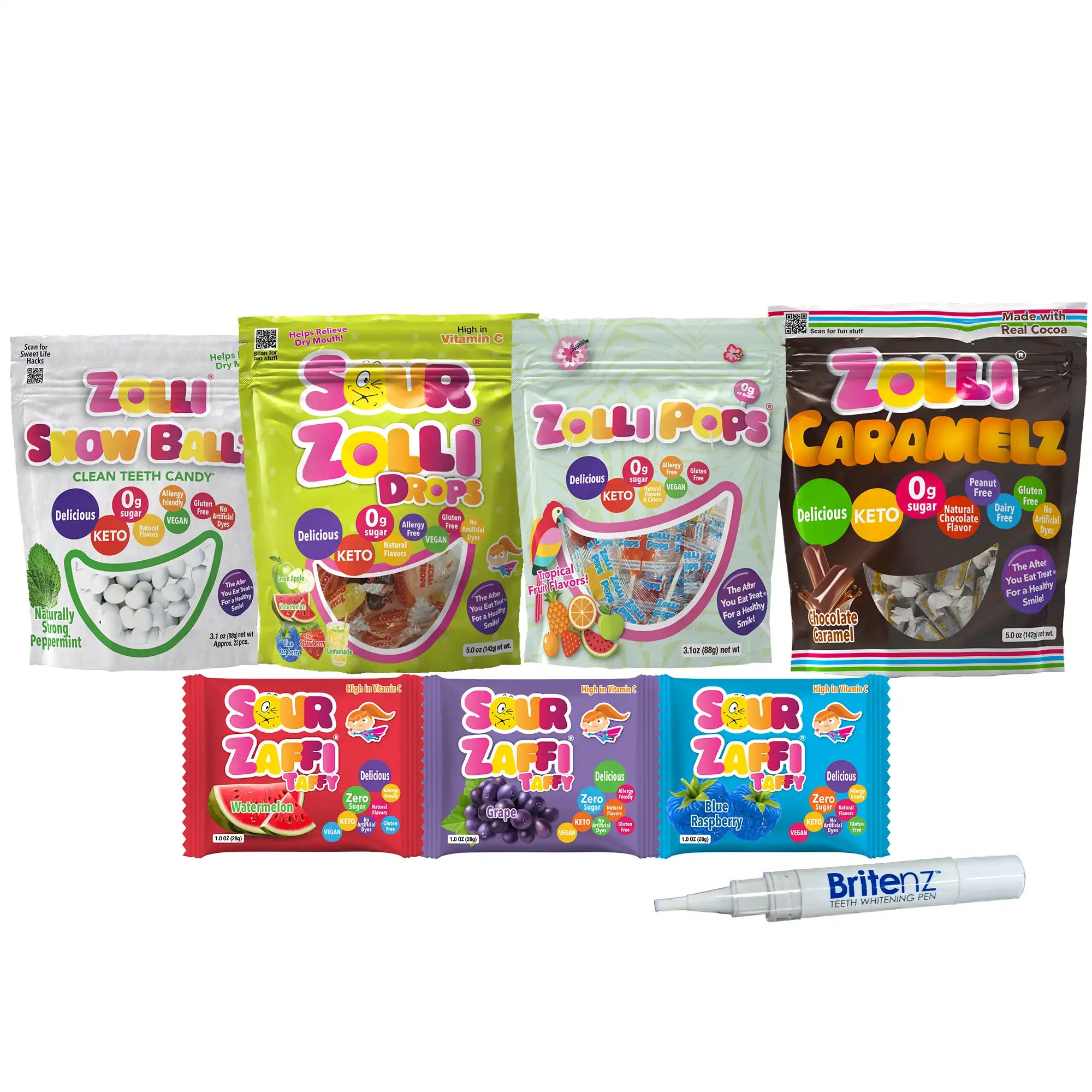 Assorted Zollli candy packages with a BritenZ product on a white background