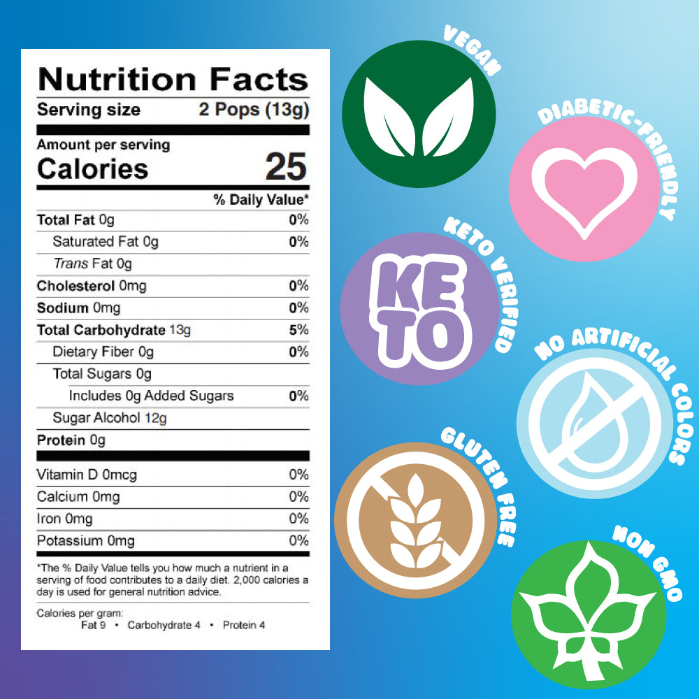 Zollipops Nutrition Facts Label. Zollipops are vegan, gluten free, non GMO, no artificial dyes, and are keto and diabetic friendly.