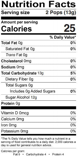 Nutritional label for Zolli Gum Popz. 2 pops for only 25 calories and zero sugar.