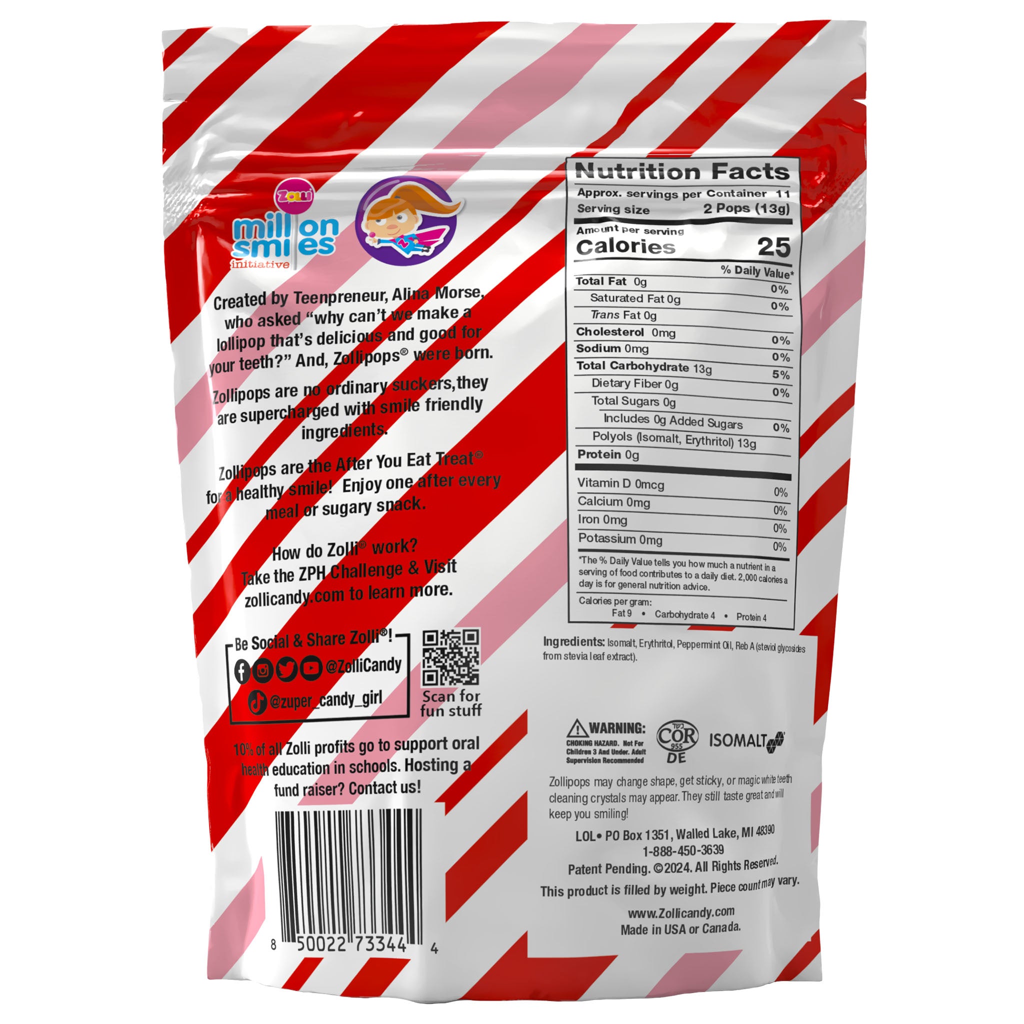 Zollipops Sugar Free Peppermint Lollipops Nutrition Information