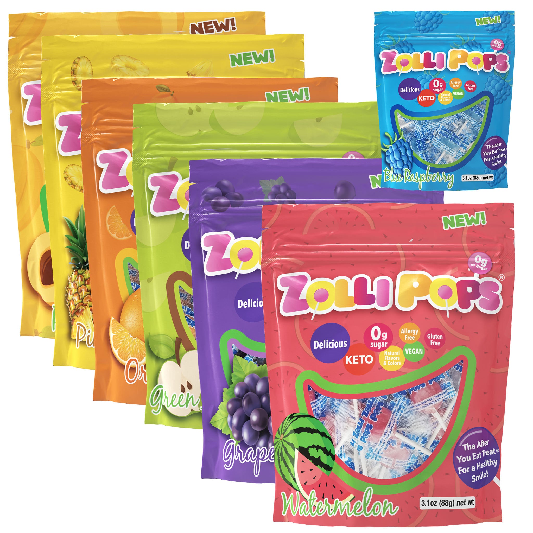 Zollipops Buy 6 Get One Free. Includes the flavors: Peach, Pineapple, Orange, Green Apple, Grape, Watermelon, and Blue Raspberry.