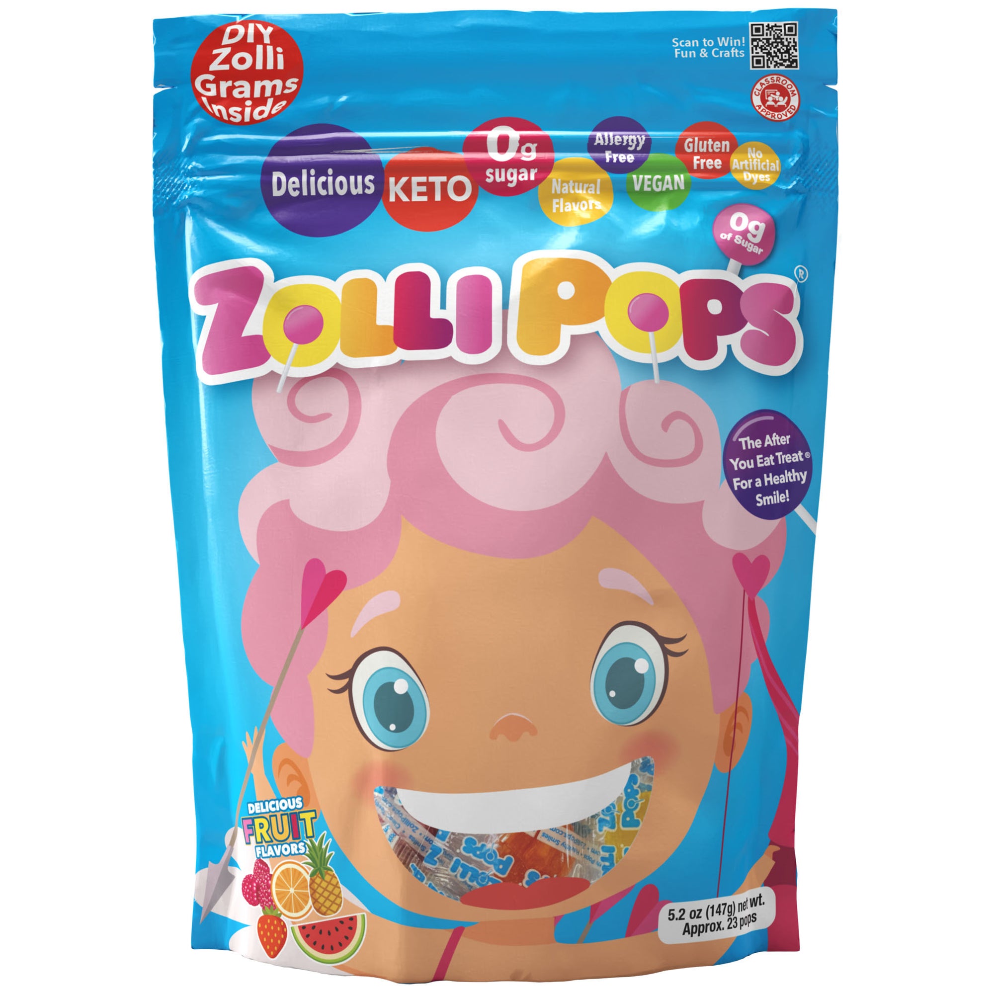 Valentine Zollipops 5.2 oz pack in fruit flavor assortment with valentine’s cards.