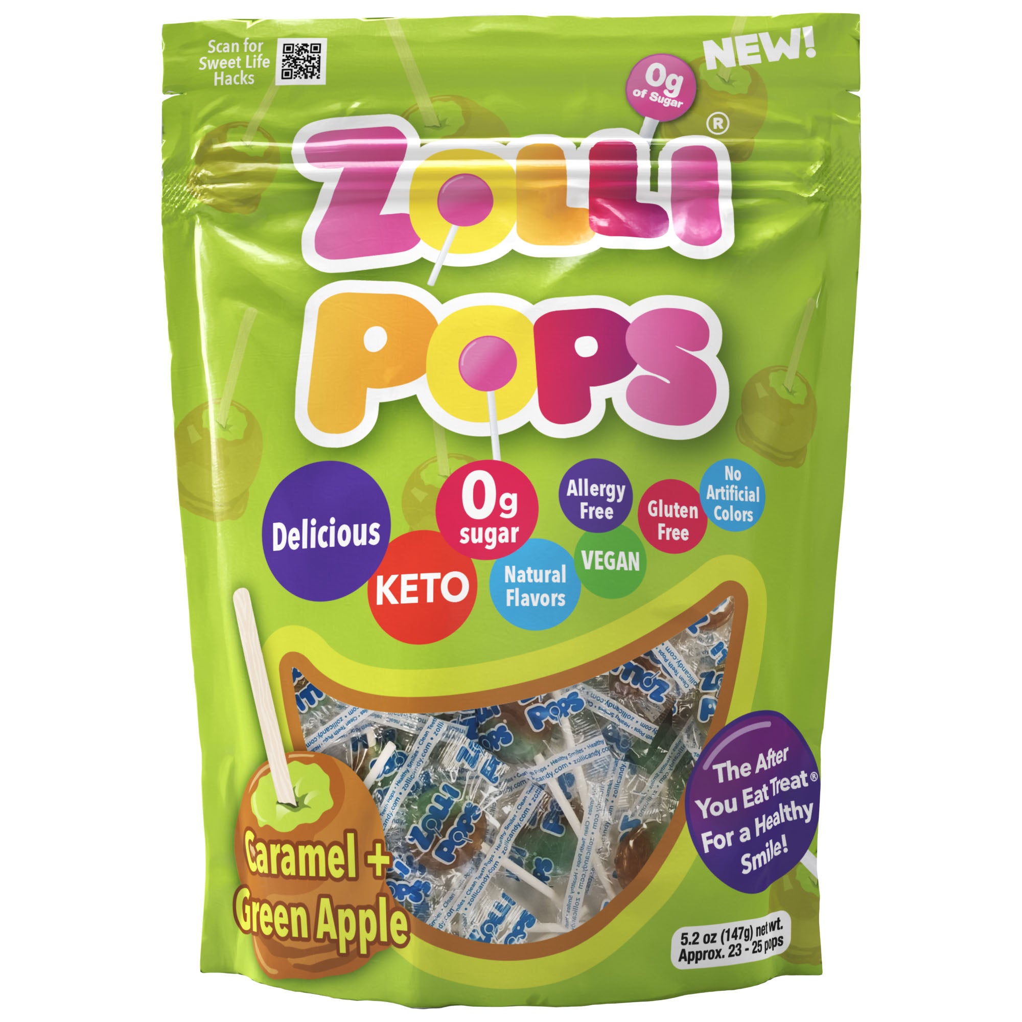 Front of bag details. Zollipops in Caramel & Green Apple flavor.