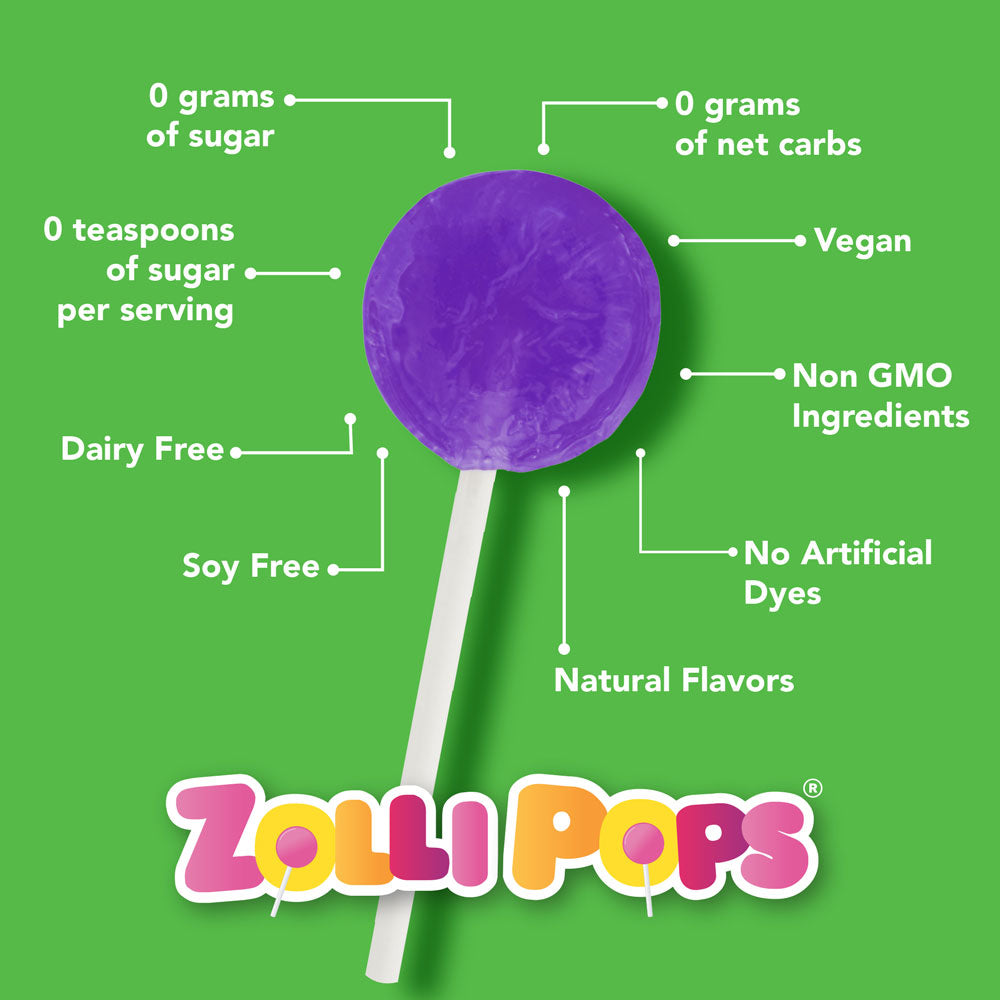 Zollipops have 0 grams of sugar, 0 grams of net carbs, are vegan, dairy free, soy free, non GMO, no artificial dyes, kosher, and have natural flavors.