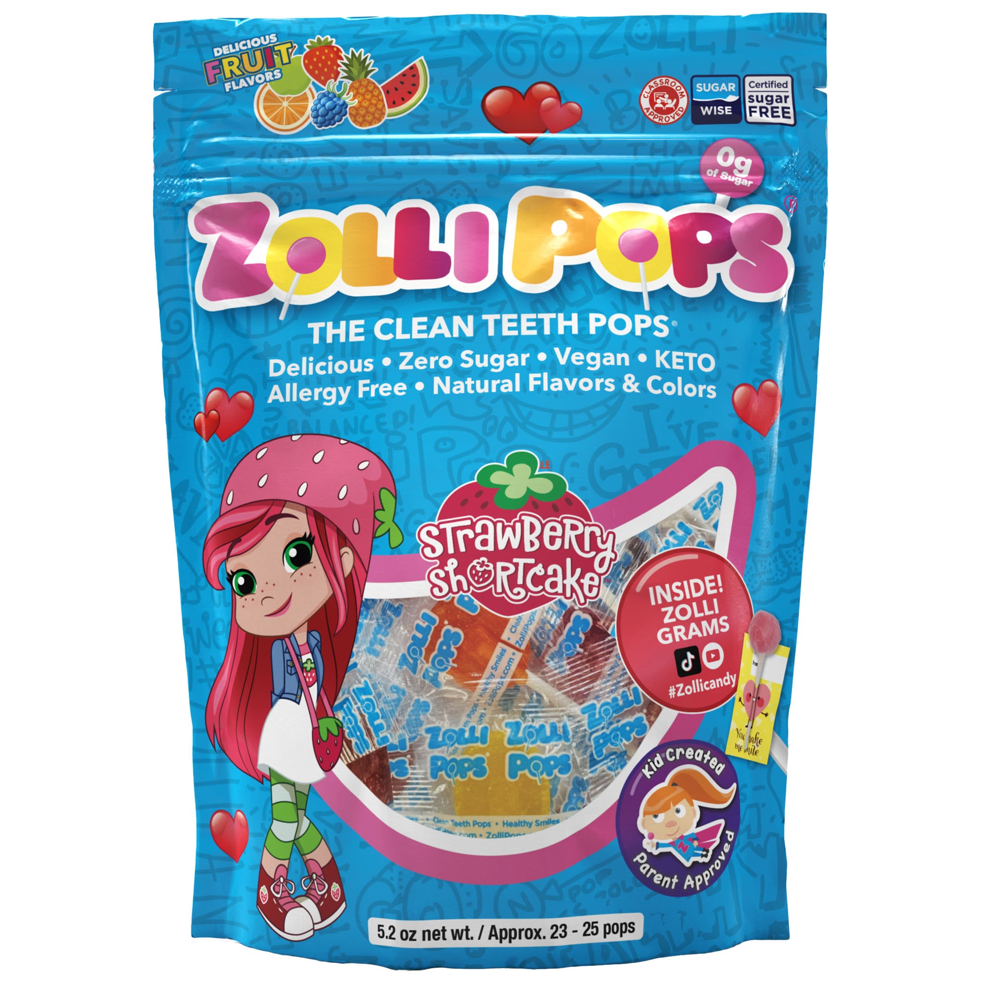 Strawberry Shortcake Edition Zollipops 5.2 oz pack in Original flavor assortment with valentine’s cards.