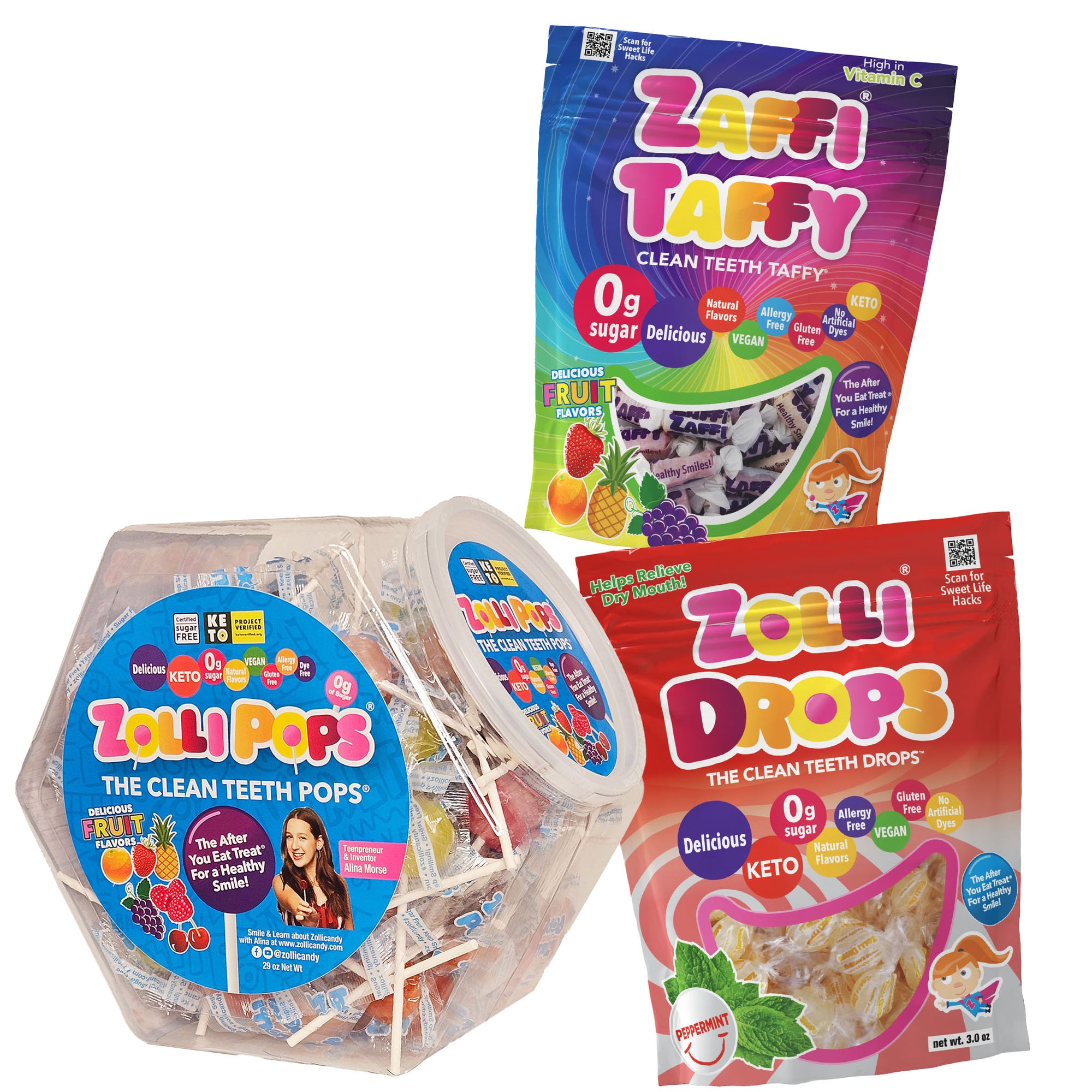 Zollipops Hex, Zaffi Taffy, and Peppermint Drops