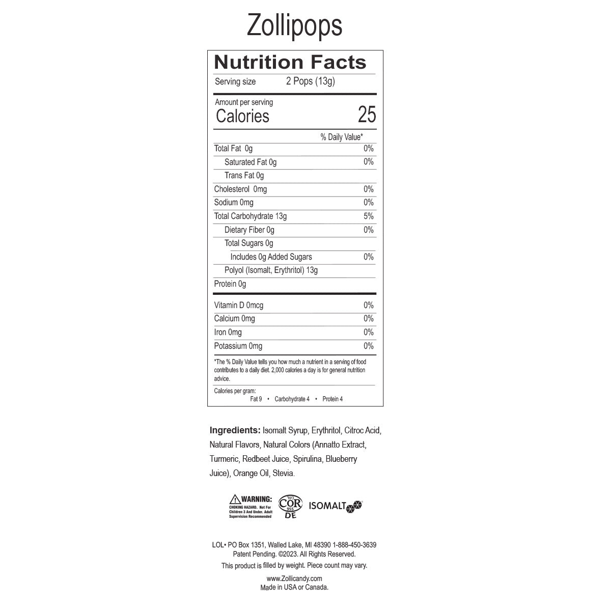 Zollipops Nutritional Information