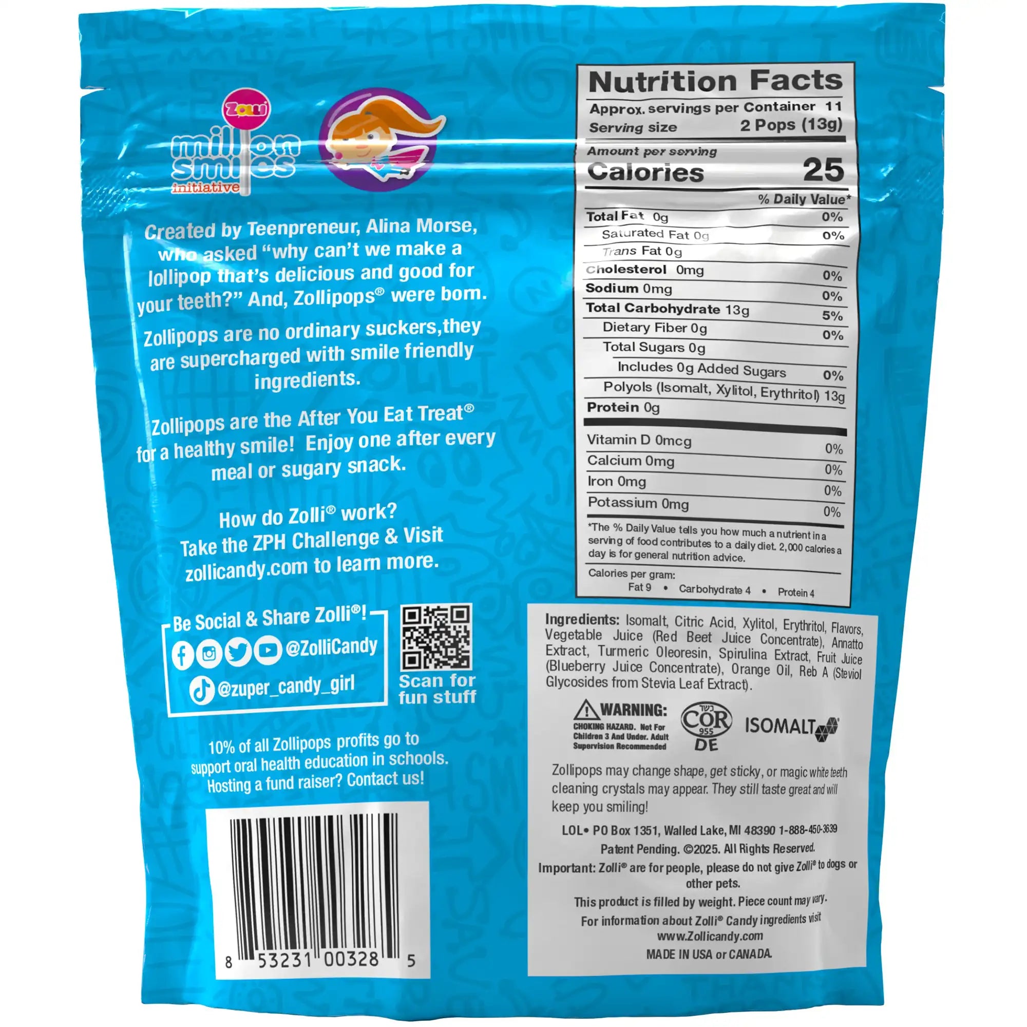 Back of a Zollipops candy package with nutritional information and ingredients.