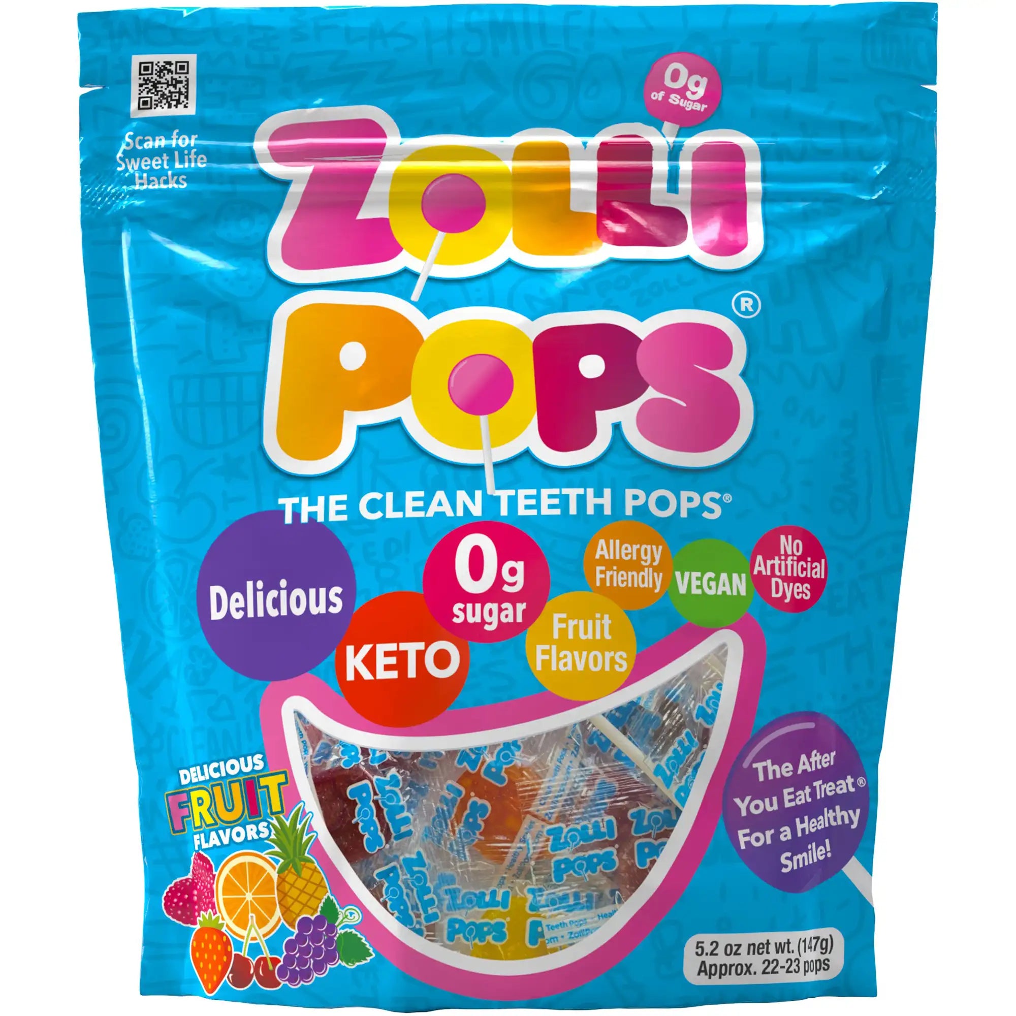 Zolli Pops packaging with colorful text and graphics on a blue background