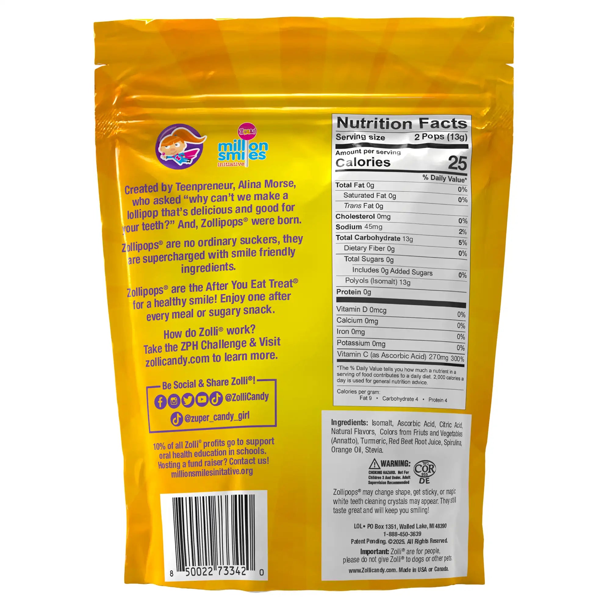 Yellow candy package with nutrition facts label and text on a white background