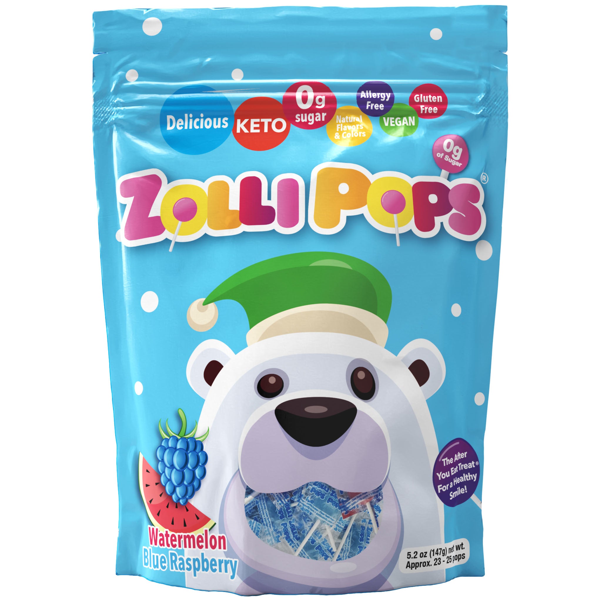 Holiday Zollipops 5.2oz pack in Watermelon and Blue Raspberry flavor.