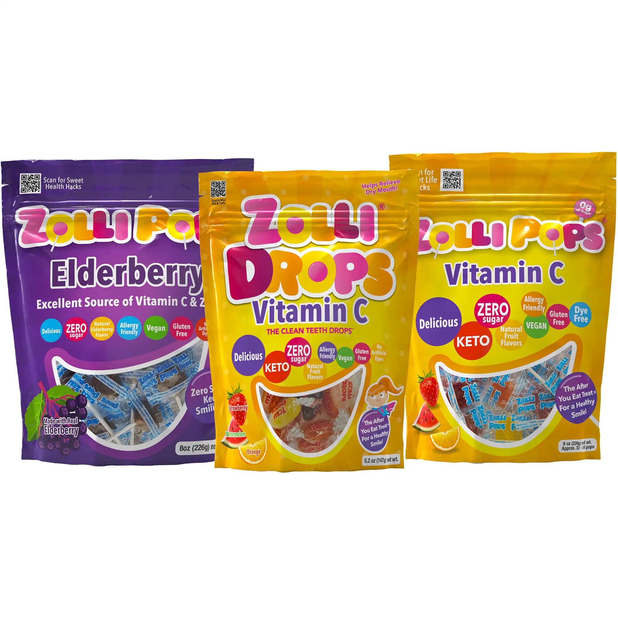 Three Zollipops product packages on a white background