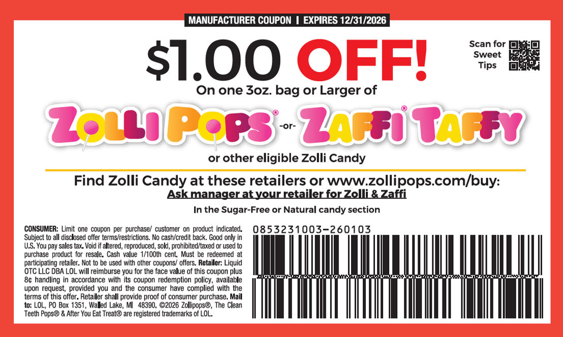 Zollipops or Zaffi Taffy coupon with promotional text and barcode on a red background