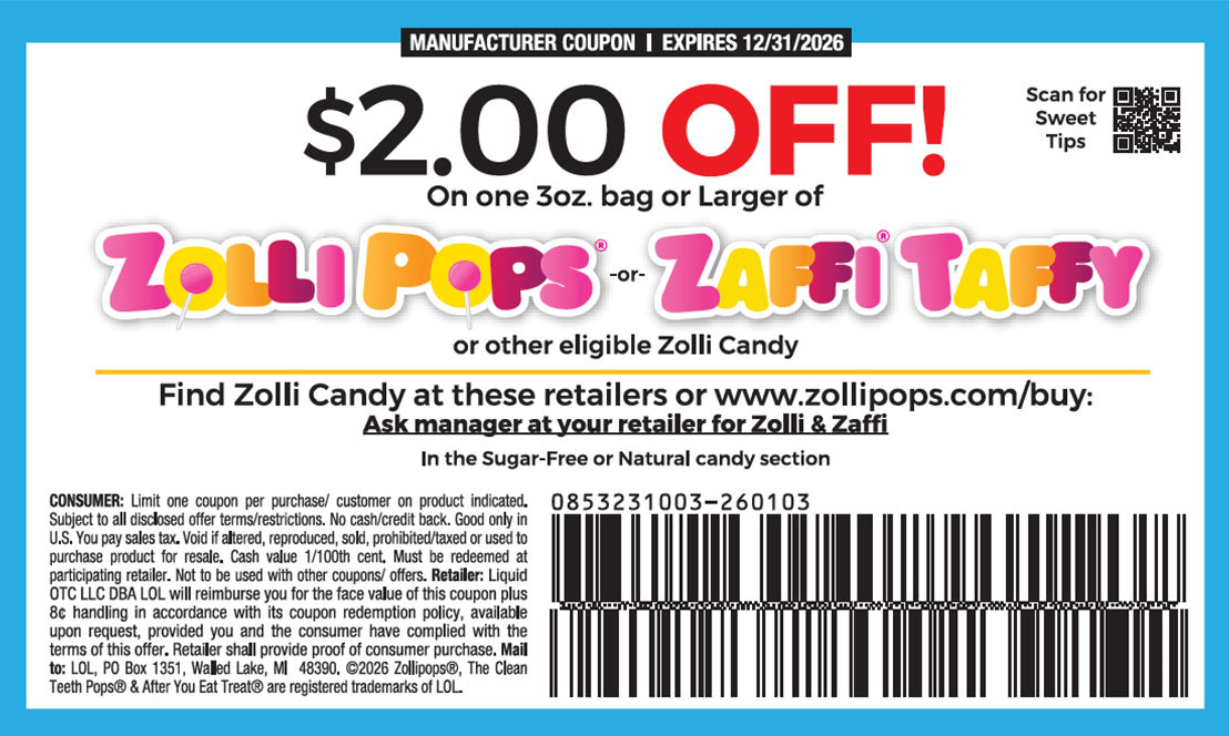 Zolli Candy coupon with Zolli Pops and Zaffi Taffy branding on a blue background.