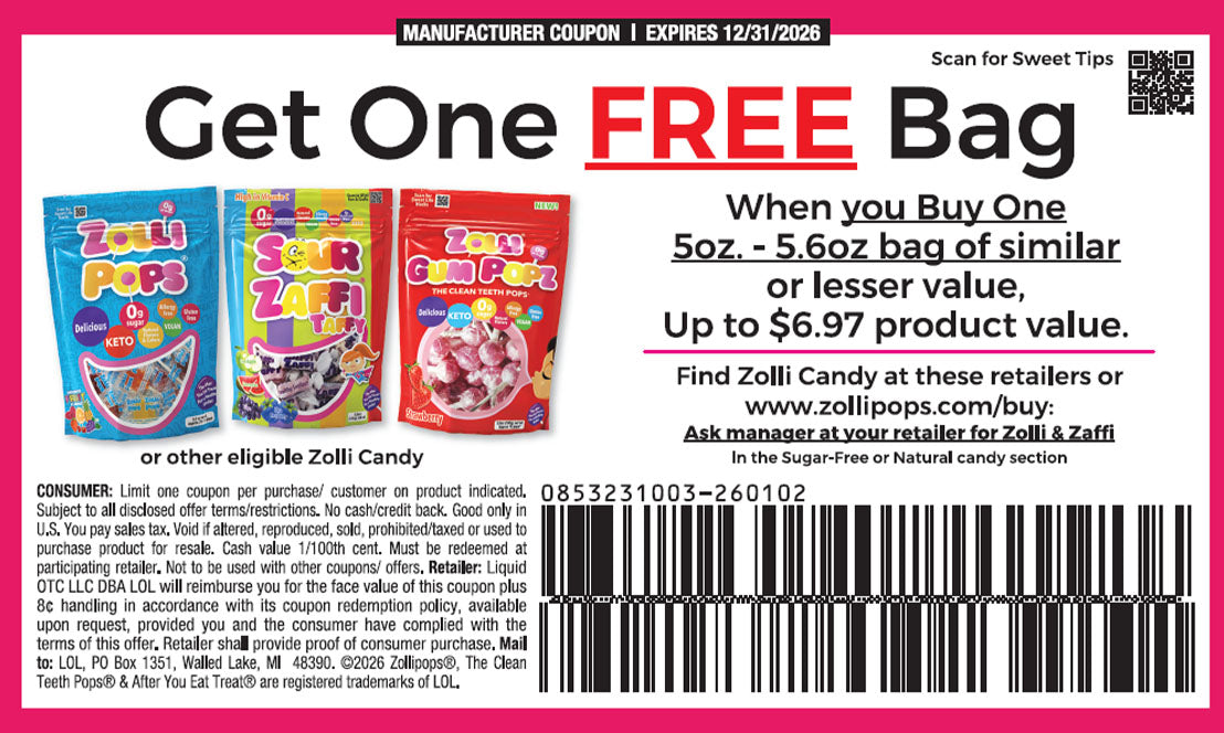 Zolli Pop coupon offering a free bag with purchase at a specified retailer.