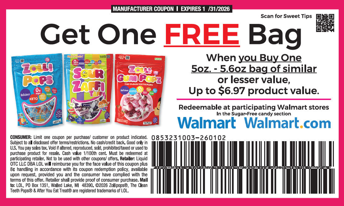 Walmart coupon for free bag with candy packages on a pink background