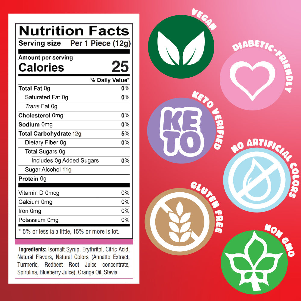 Nutritional label for Zolli Ball Popz. Only 25 calories per pop and zero sugar.