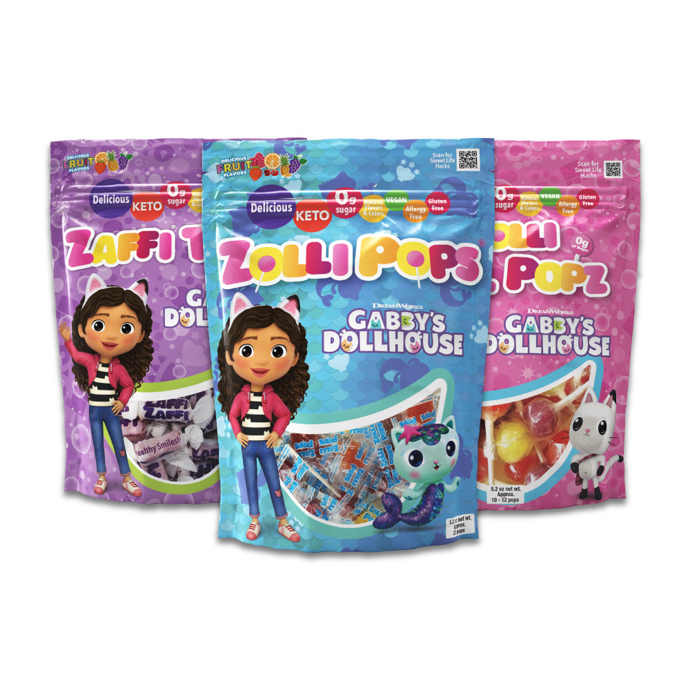 Limited edition Gabby's Dollhouse bundle with Zaffi Taffy, Zollipops, and Zolli Ball Popz in Assorted Fruit Flavor.