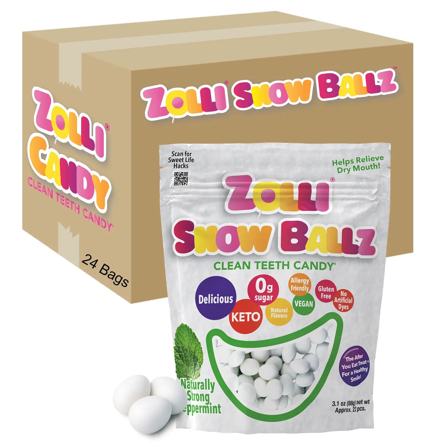 Zolli Snow Ballz clean teeth candy packaging with a box and individual bag on a white background