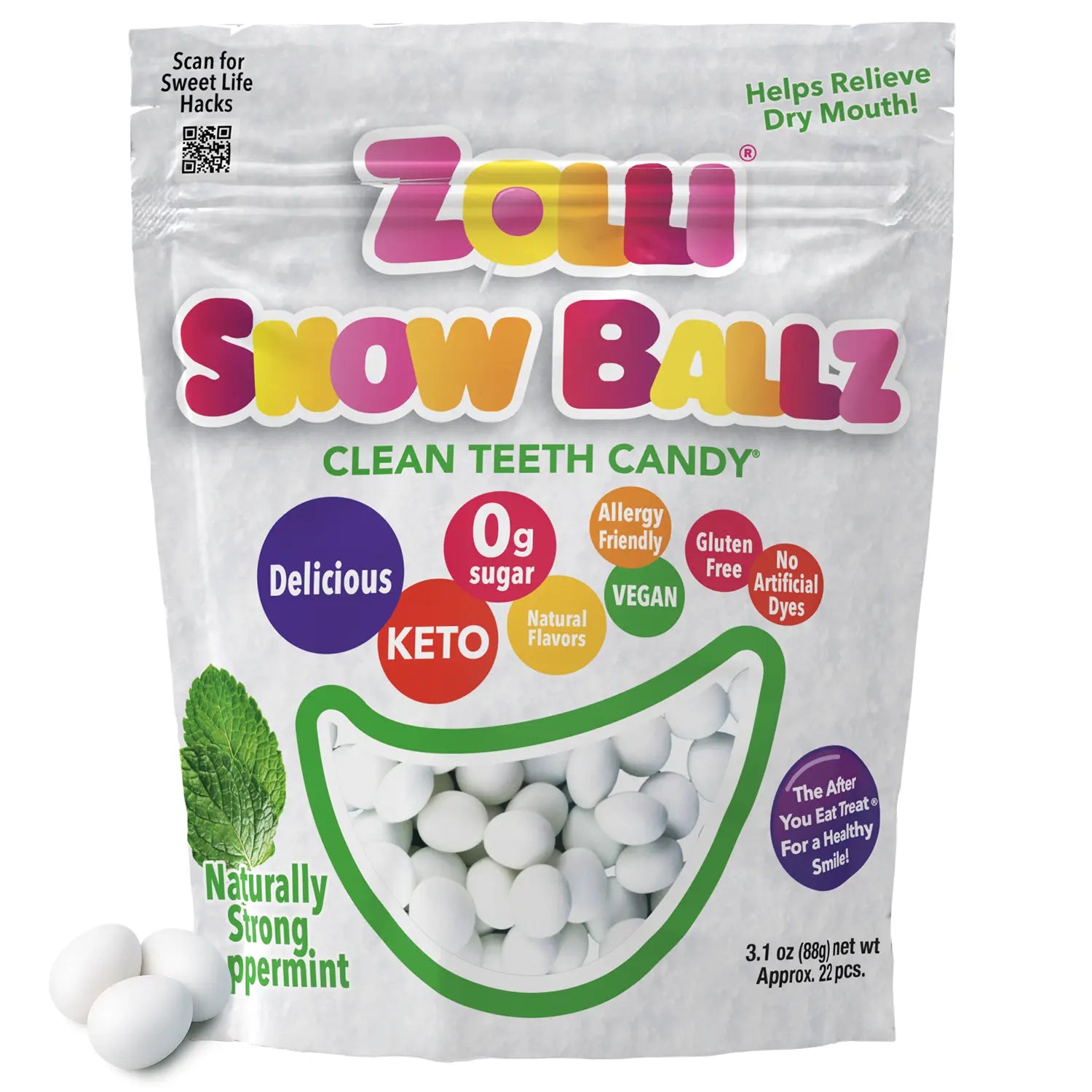 Zolli Snow Ballz clean teeth candy packaging on a white background