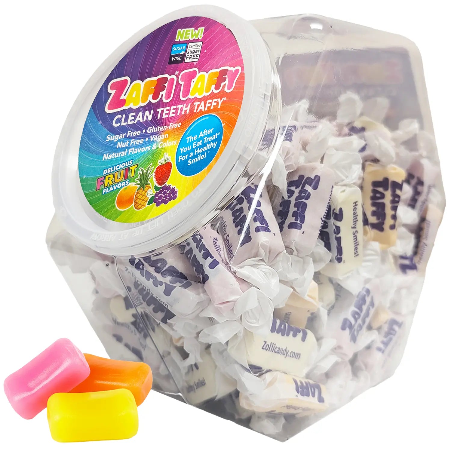 Zaffi Taffy clean teeth taffy packaging with colorful taffy pieces.
