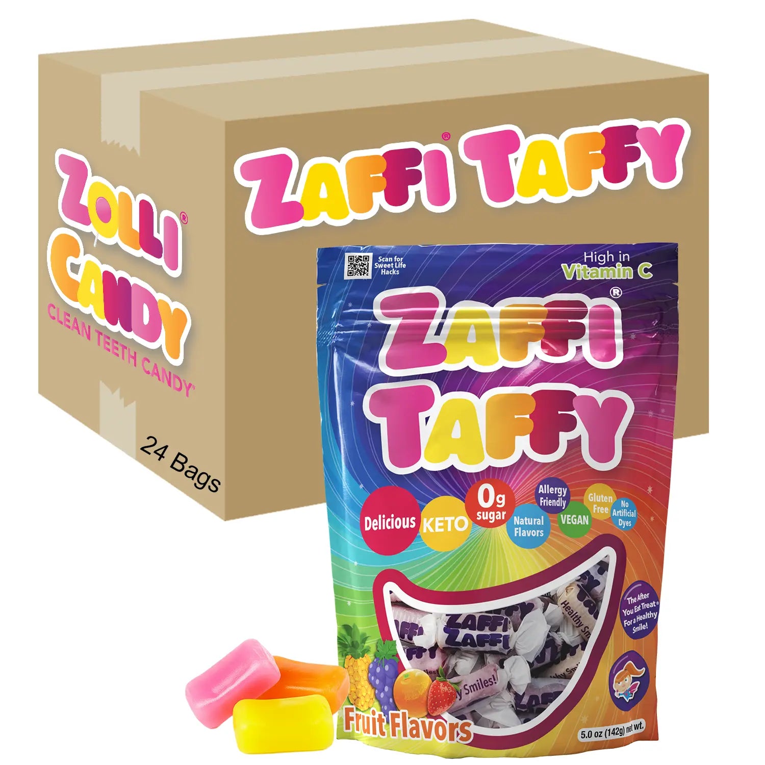 Zaffi Taffy packaging with a box and a bag on a white background