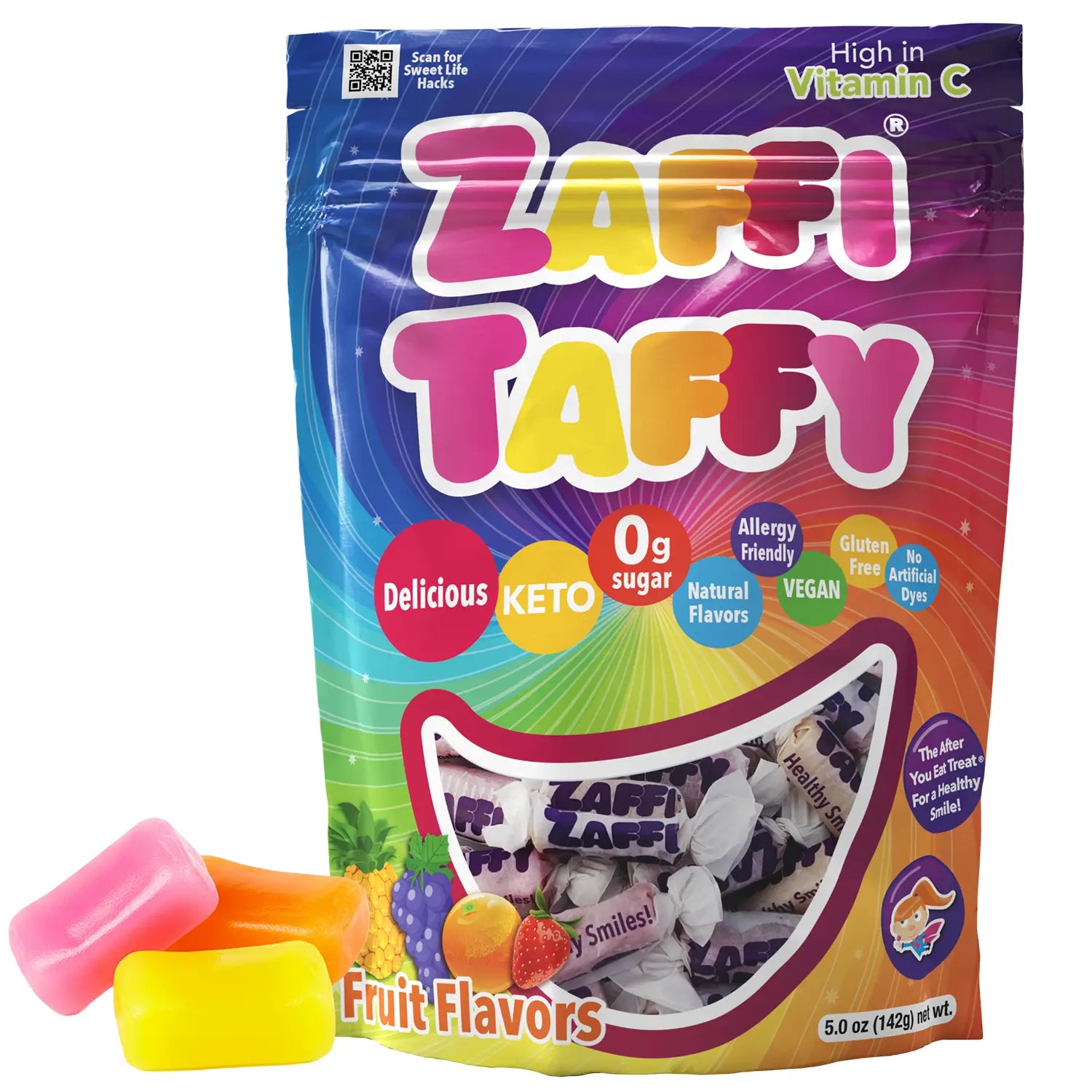 Zaffi Taffy package with colorful design and taffy pieces on a white background