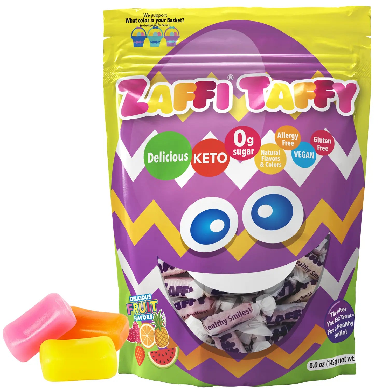 Zaffi Taffy package with colorful design and text on a white background