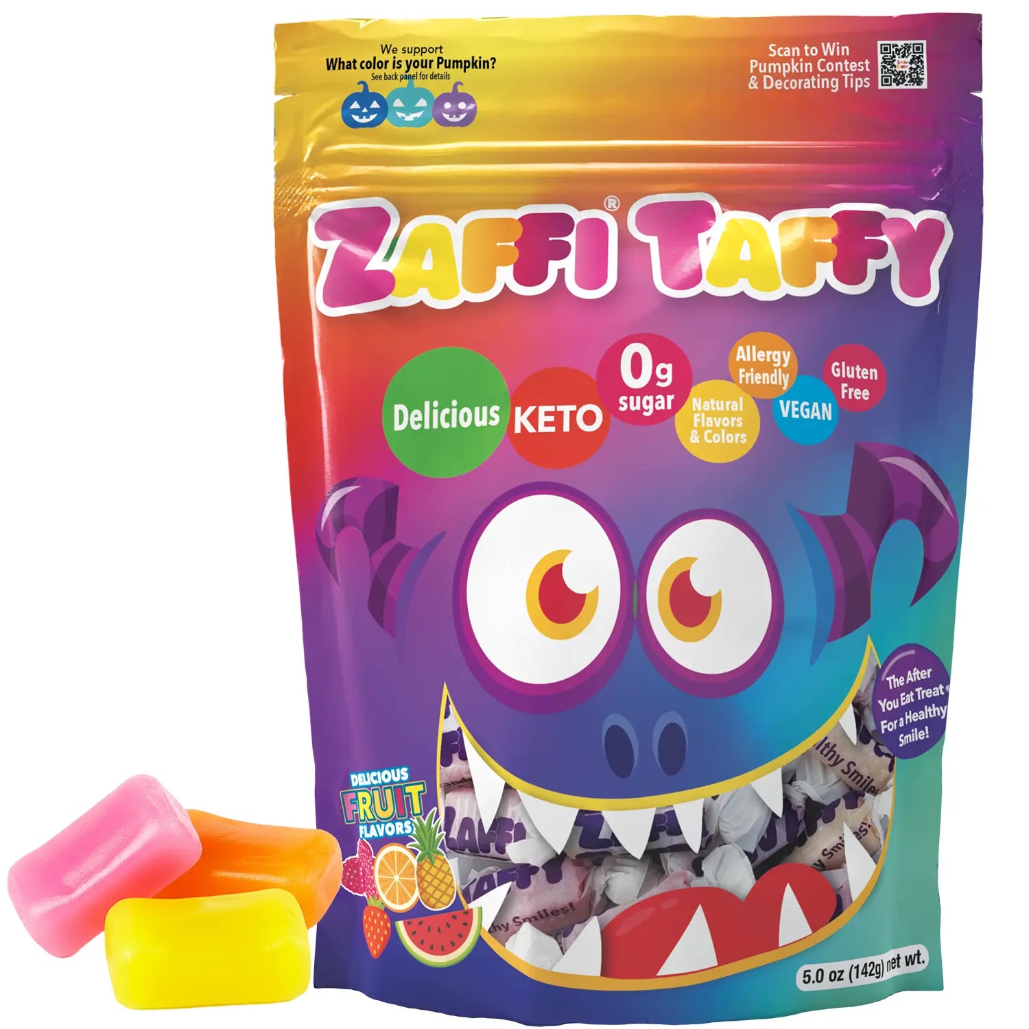 Zaffi Taffy candy package with colorful design and text on a white background