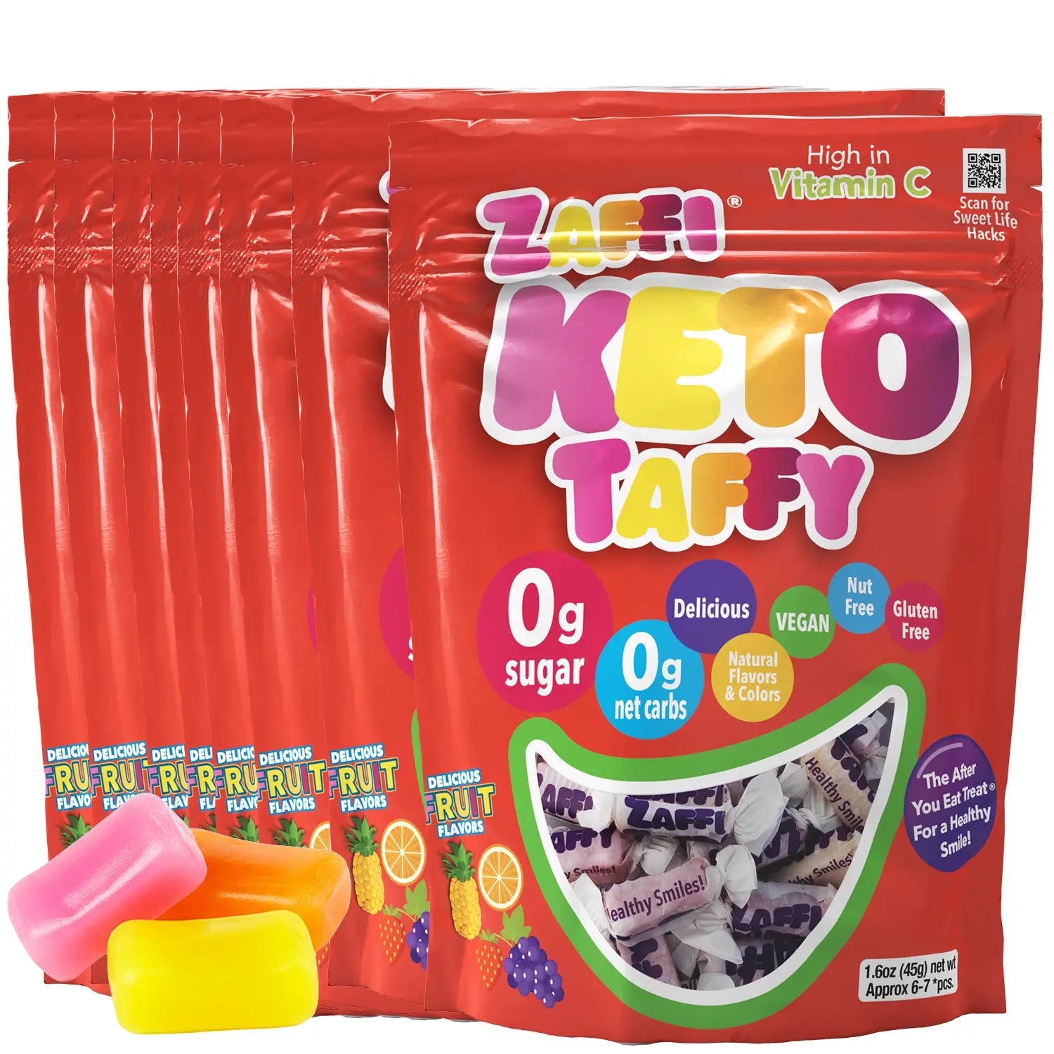 Zapp's Keto Taffy package with colorful taffy pieces on a red background