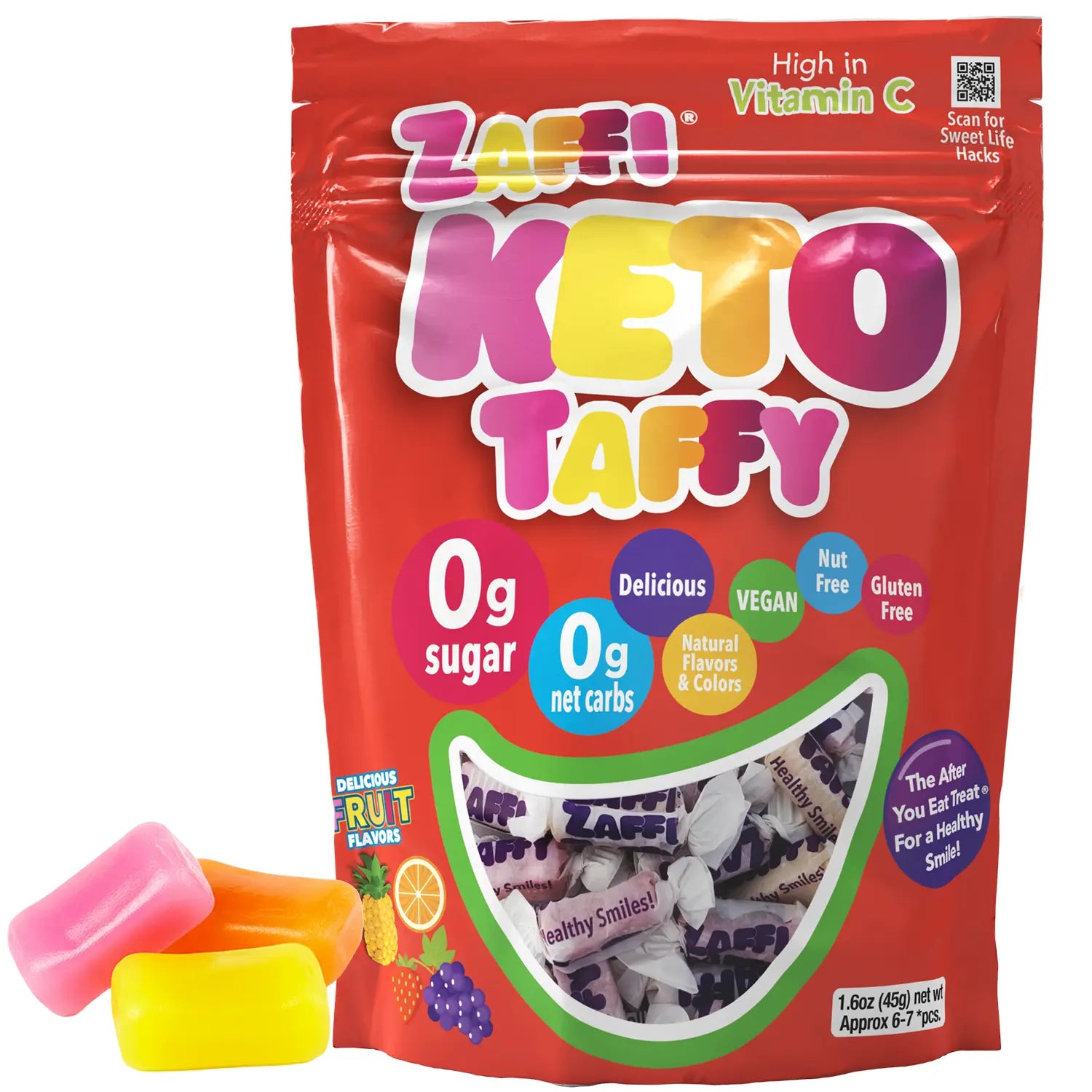 Zaffi Keto Taffy package with taffy pieces on a white background