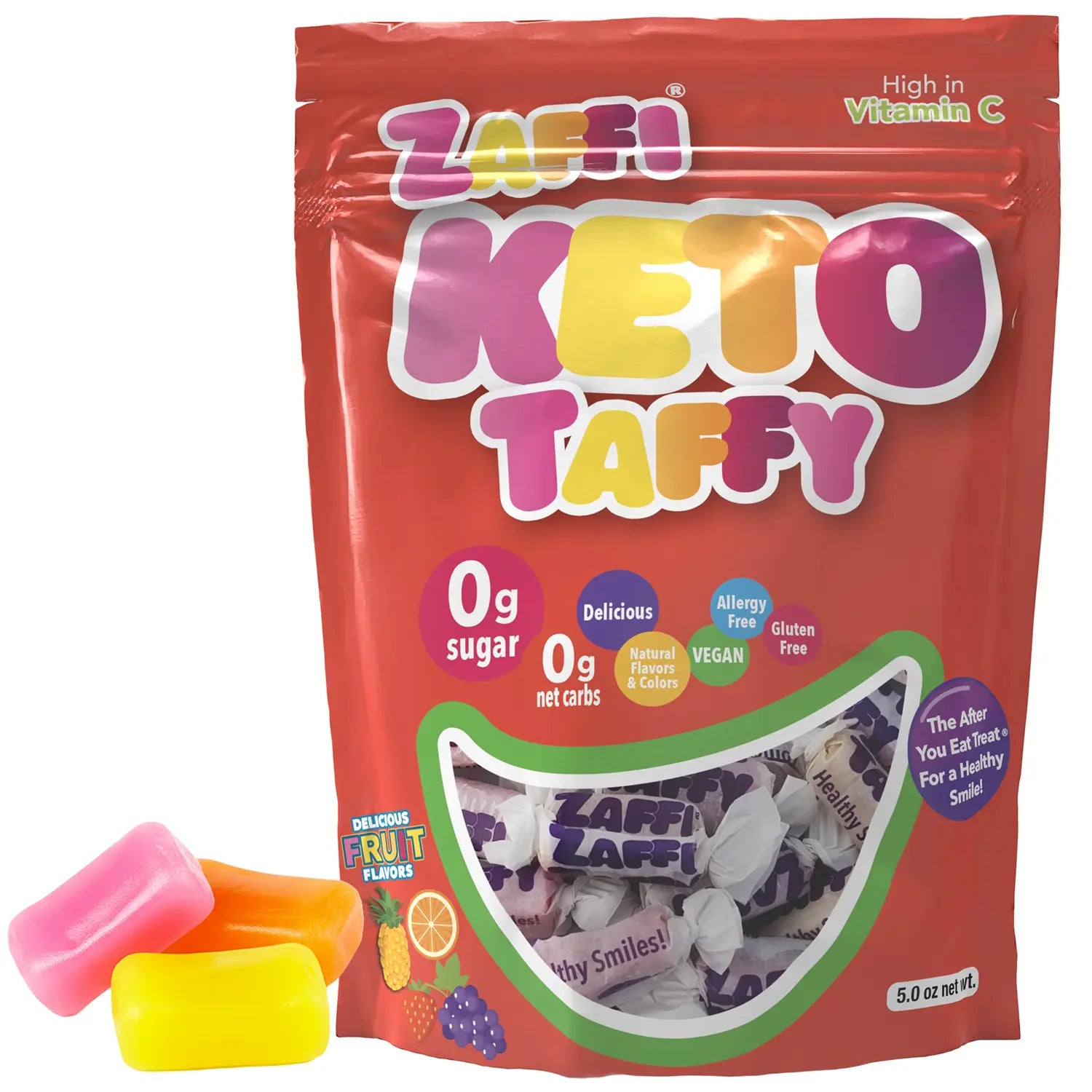 Zaffi Keto Taffy package with colorful taffy pieces on a white background