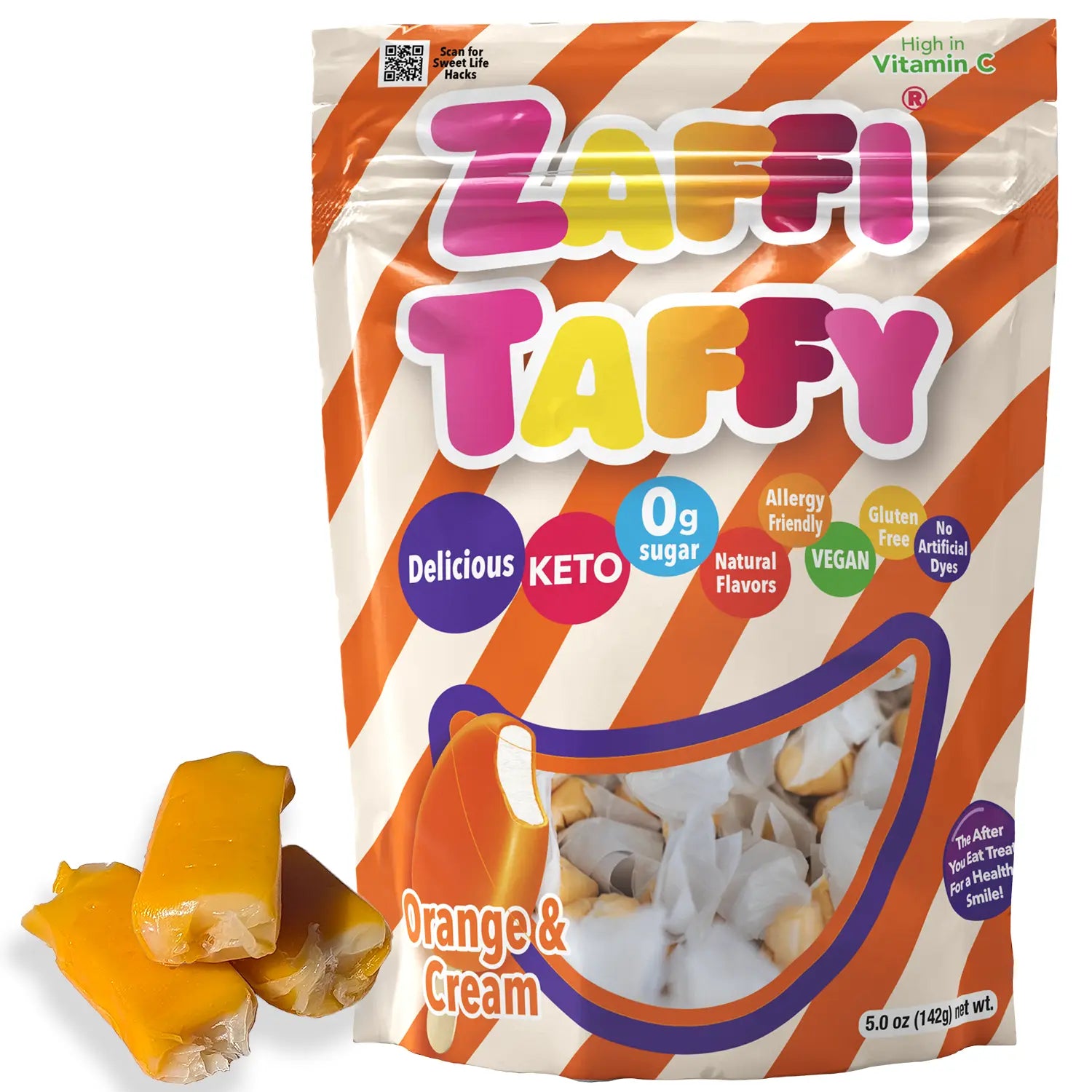 Zaffi Taffy package with orange and cream flavor text, showing taffy on a white background.