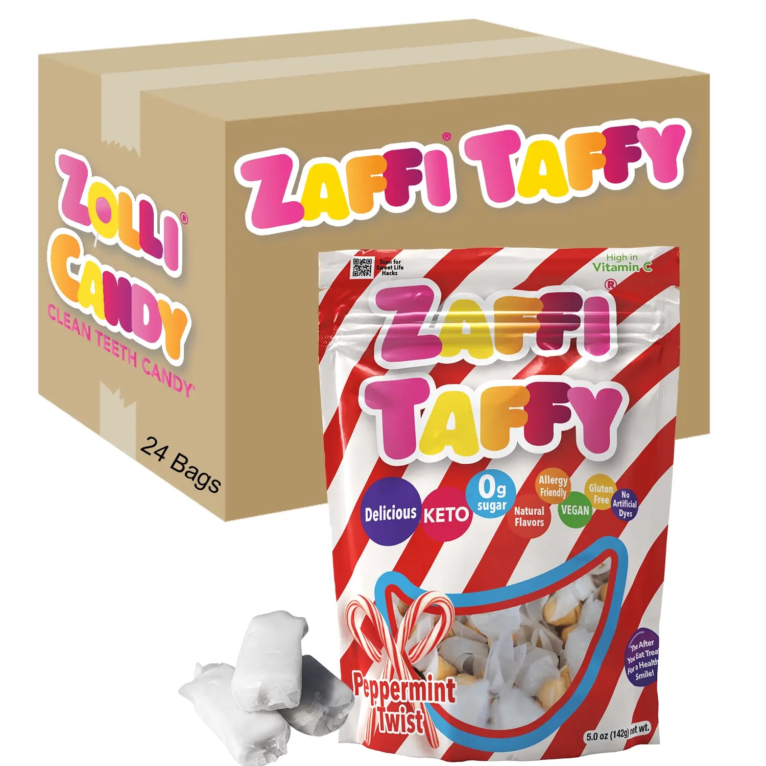 Zaffi Taffy candy packaging with a box and single bag on a white background