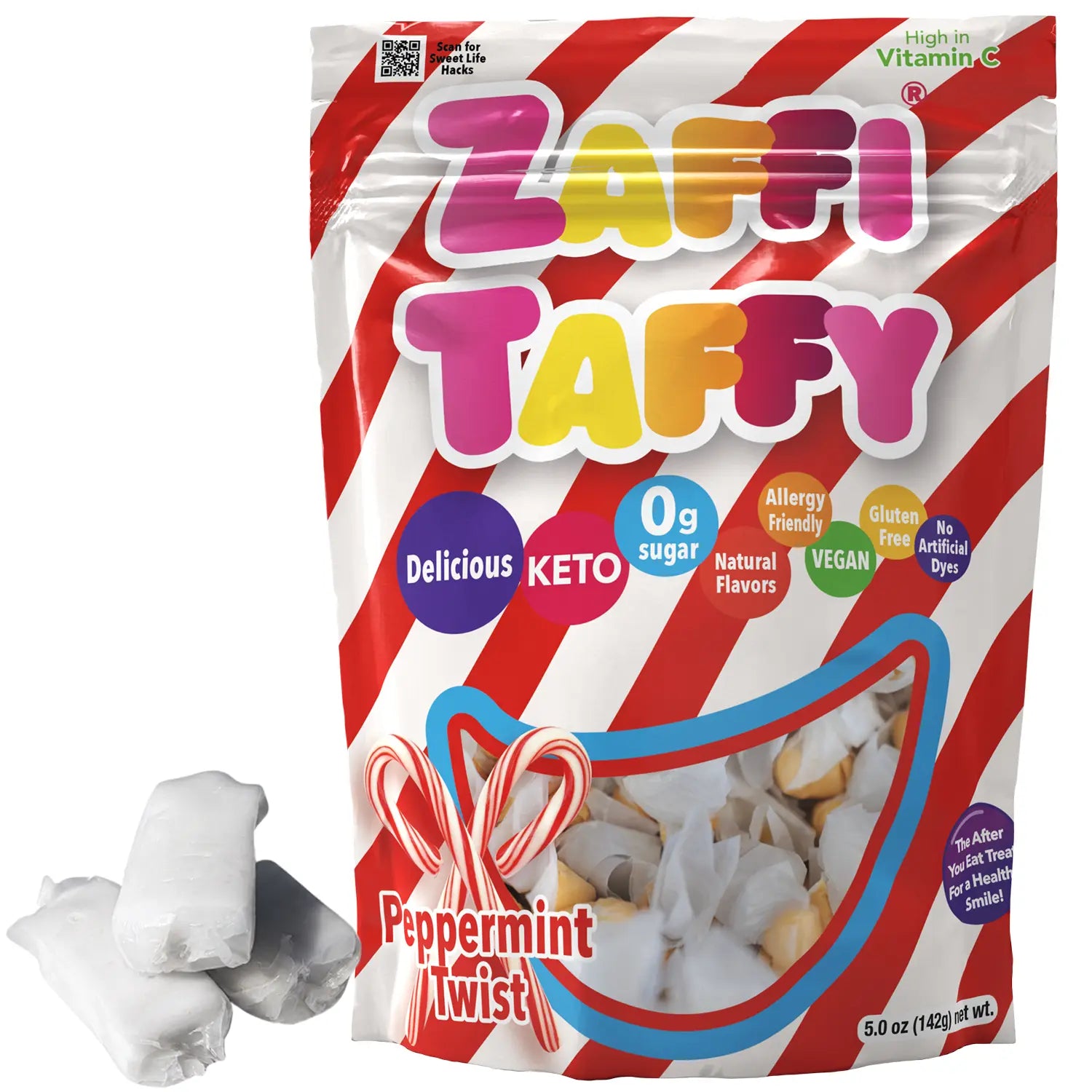 Zaffi Taffy Peppermint Twist package with taffy on a white background