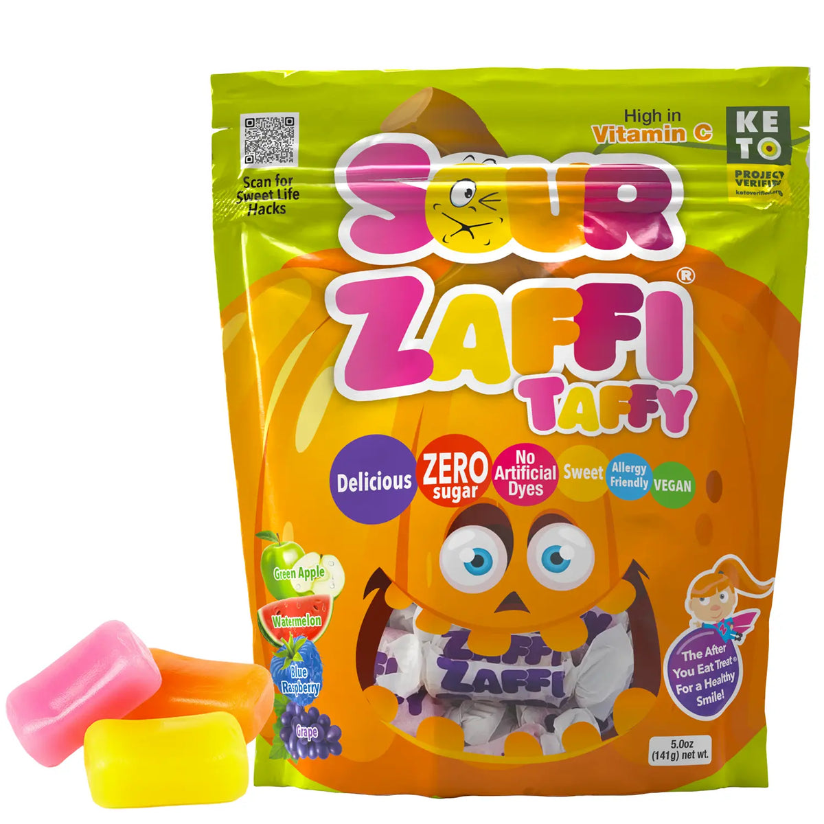 Sour zaffi taffy in a halloween bag.