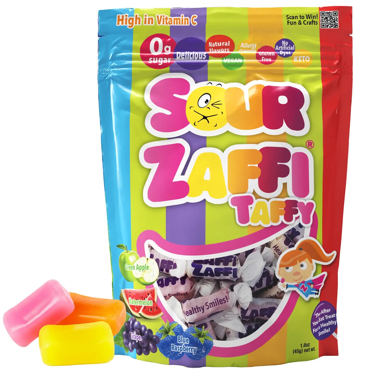 Colorful package of Sour Zaffi Taffy with candy pieces in front