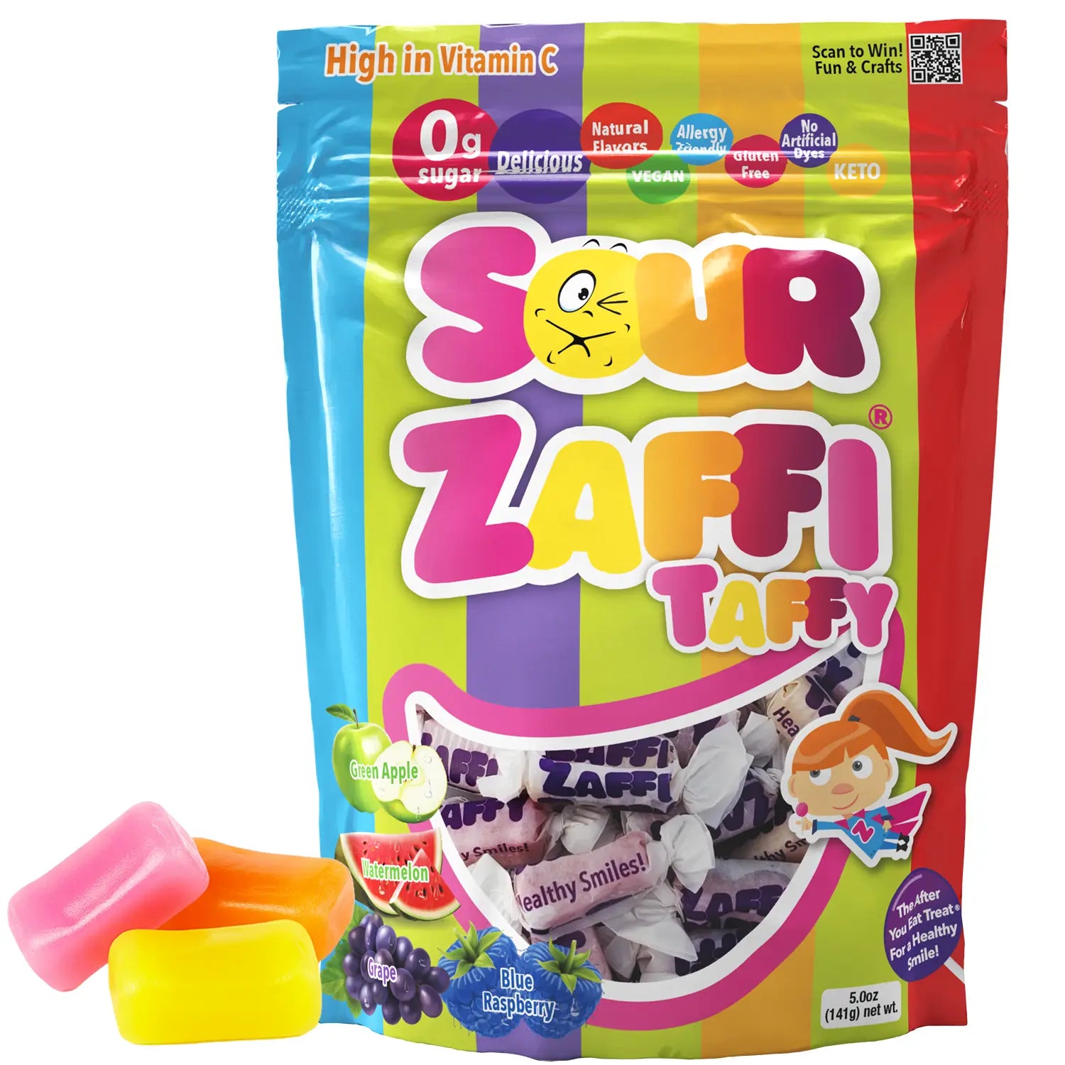 Colorful package of Sour Zaffi Taffy with candy pieces in front.
