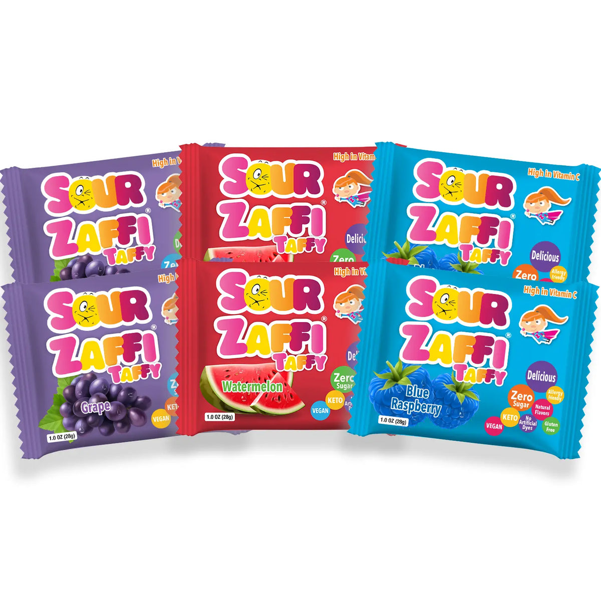Sour taffy bars in assorted fruit flavors 6 pack.