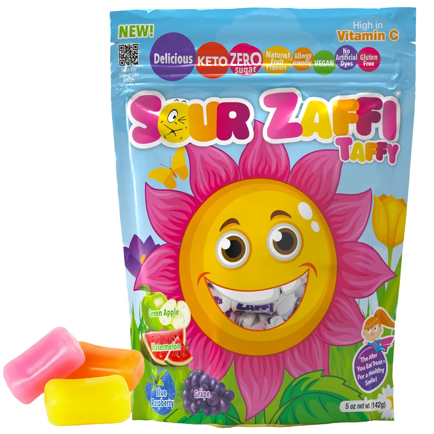 Sour Zaffi Taffy package with a smiling flower design on a white background