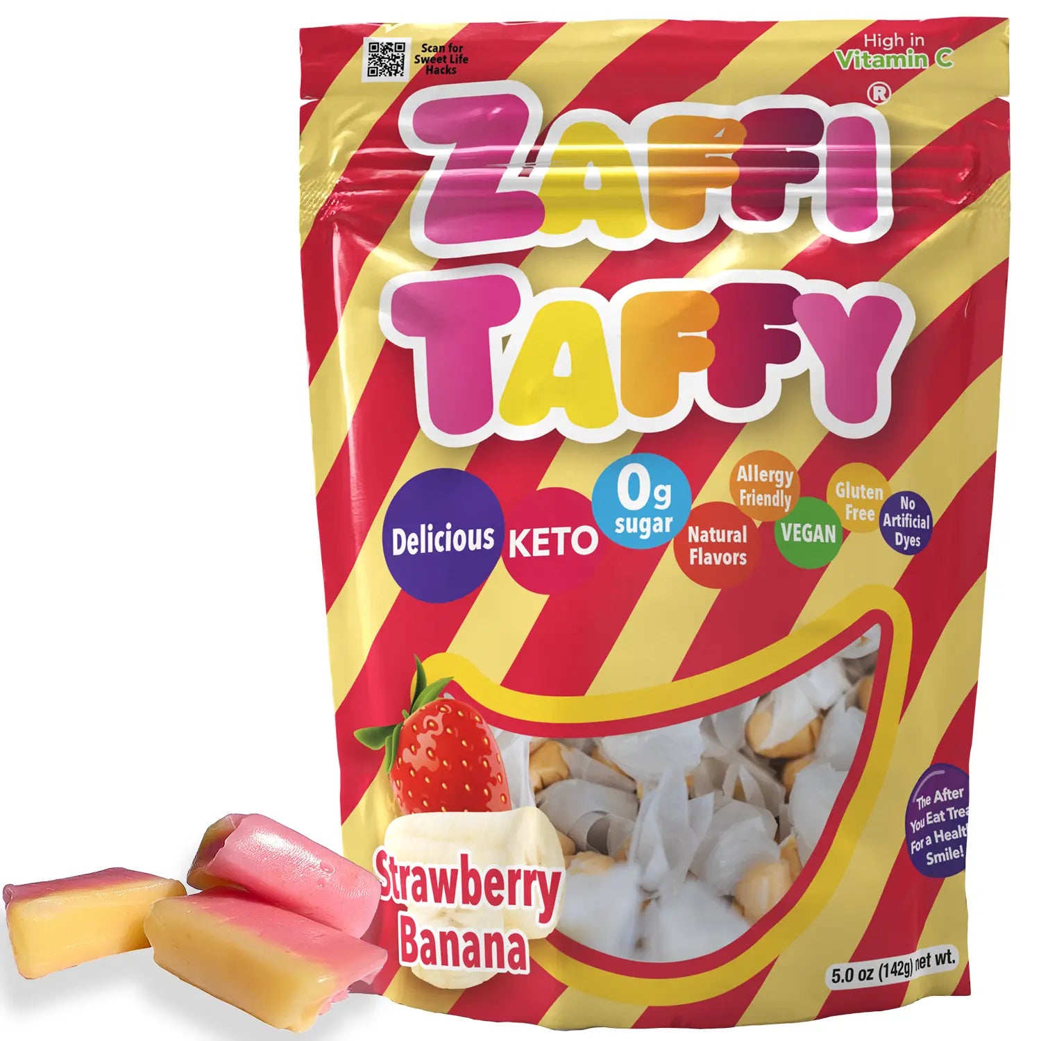 Zaffi Taffy package with strawberry and banana flavor text on a white background