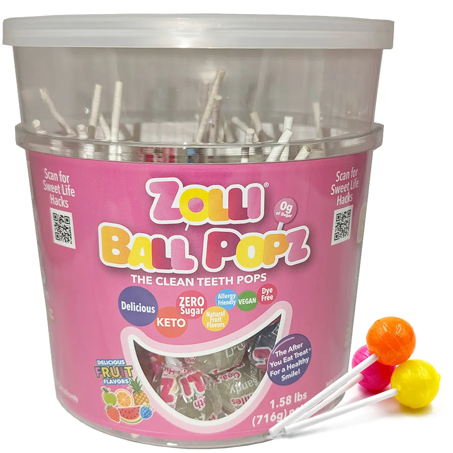 Zoli Ball Popz container with lollipops on a white background