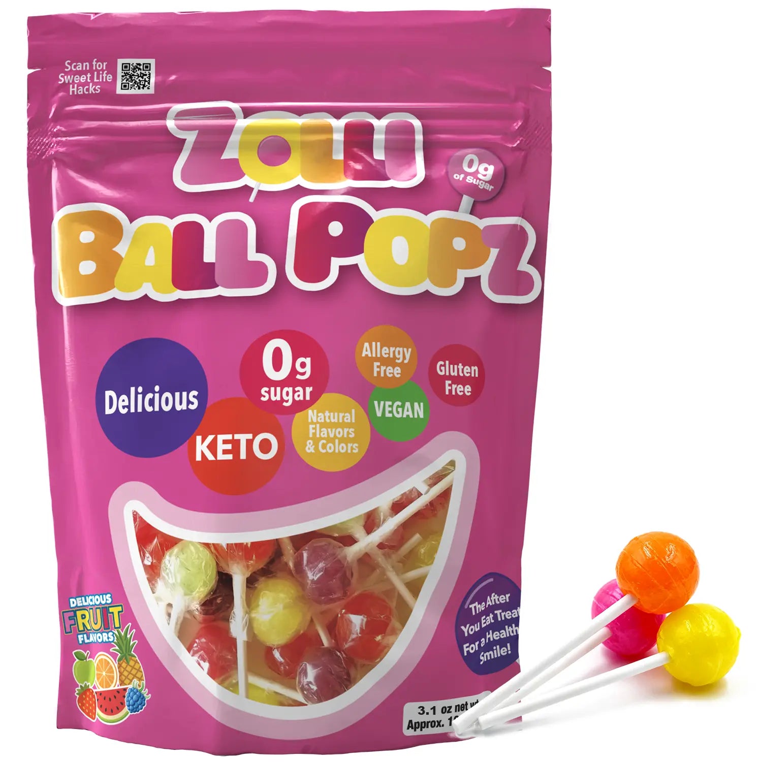 Zolli Ball Popz Sugar-Free Lollipops – Tooth-Friendly Candy, Assorted Fruit