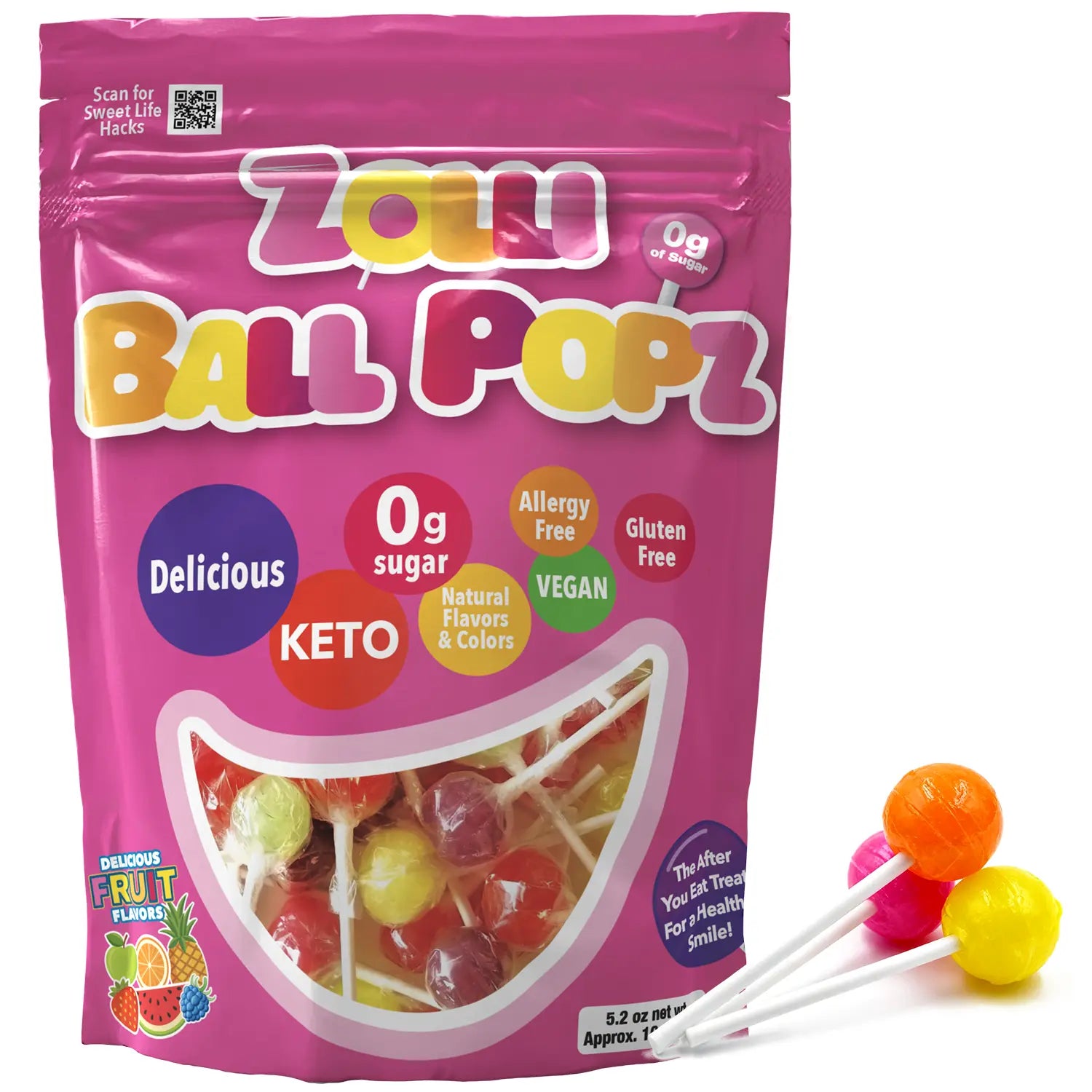 Zom Ball Popz packaging with colorful lollipops on a white background