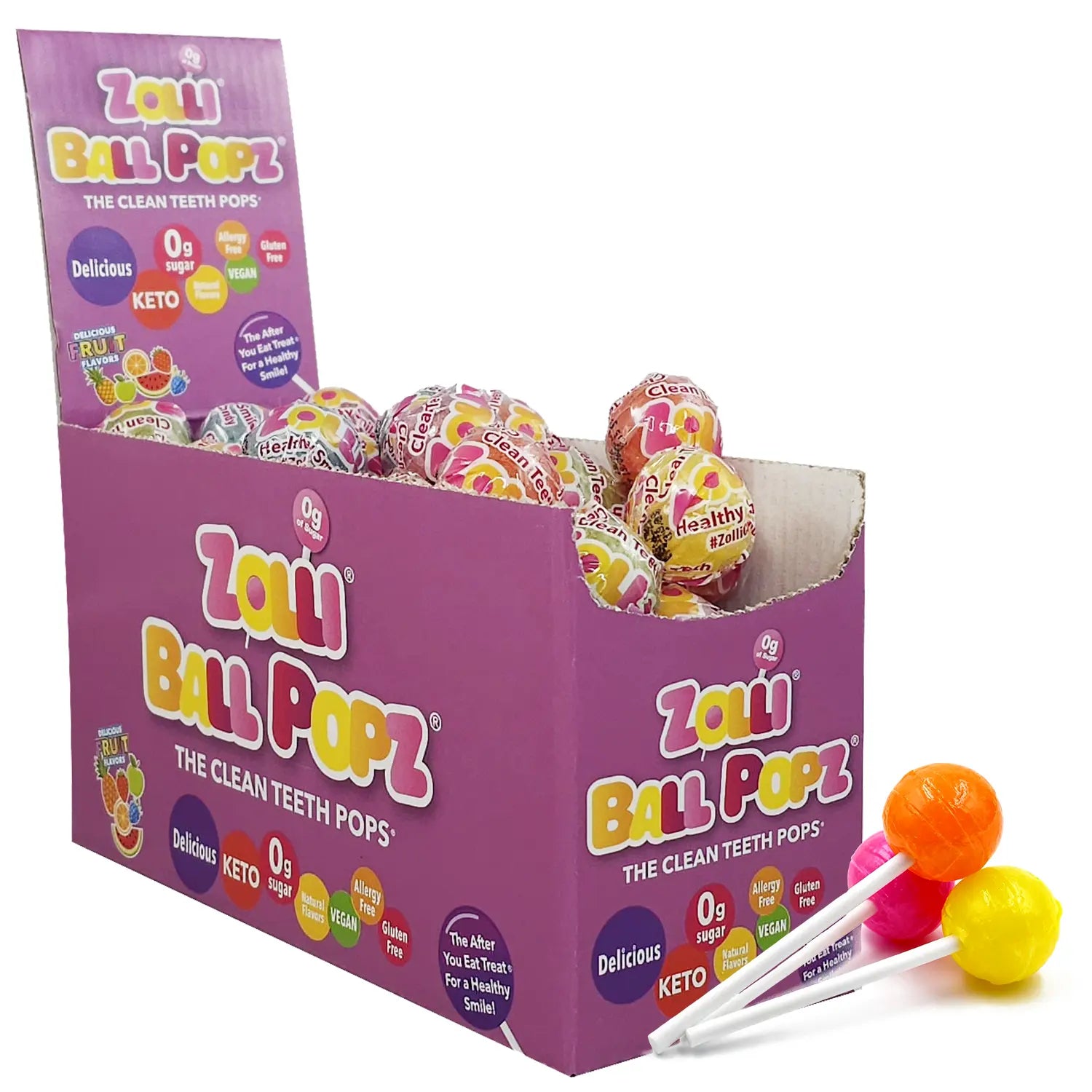 Box of Zoli Ball Popz lollipops with colorful packaging on a white background