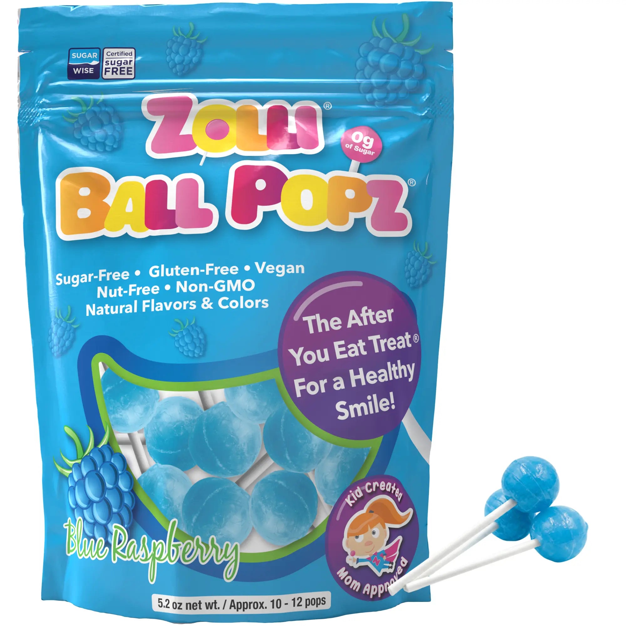Zolli ball pops blue raspberry bag on white background.
