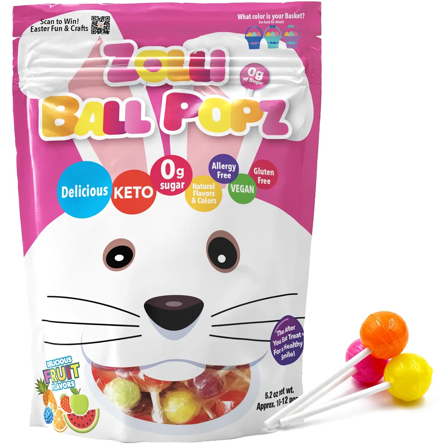 Easter Bunny Zolli Ball Popz Sugar Free Lollipops Assorted Fruit 5.2oz Pouch