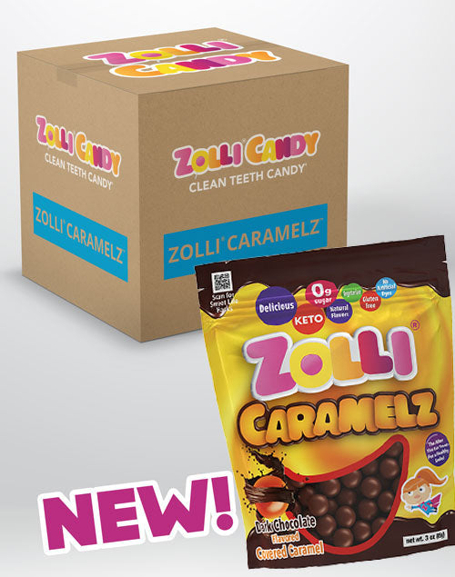 Zolli Caramels 24 bag bulk case in Dark Chocolate flavor.