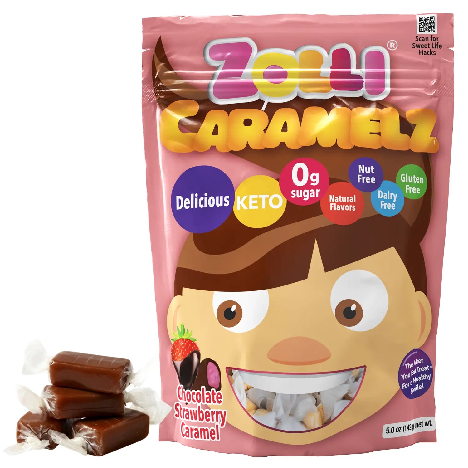Zolli Caramell candy package with cartoon character and caramels on a white background