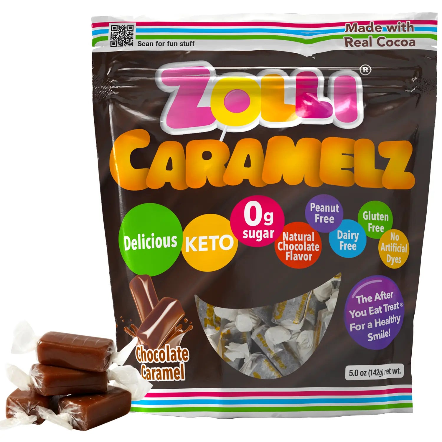 Zolli Caramelz chocolate caramel package with health benefits listed on a white background